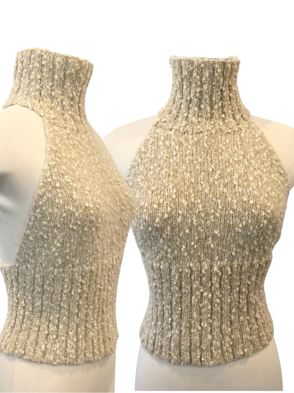 EXPRESS Wool Blend Cream Metallic Gold Knit Vintage Holiday Halter Sweater Top M - Picture 12 of 15